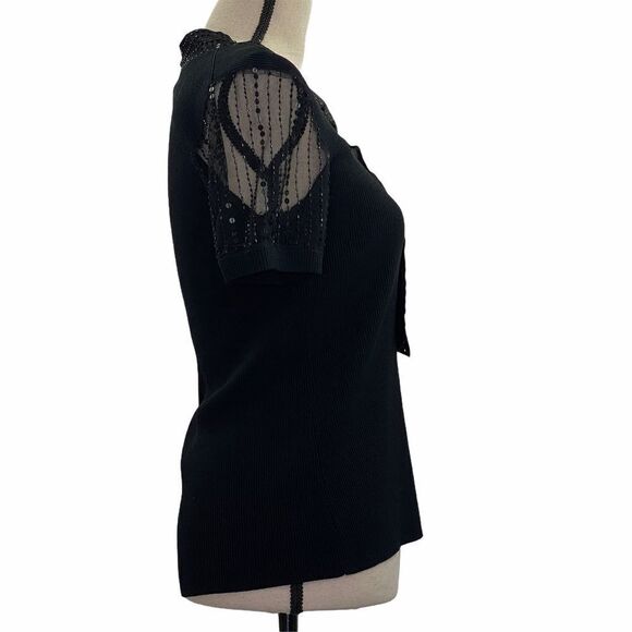 CABLE & Gauge Sheer Black Sequined Ribbed Top M - Picture 4 of 8